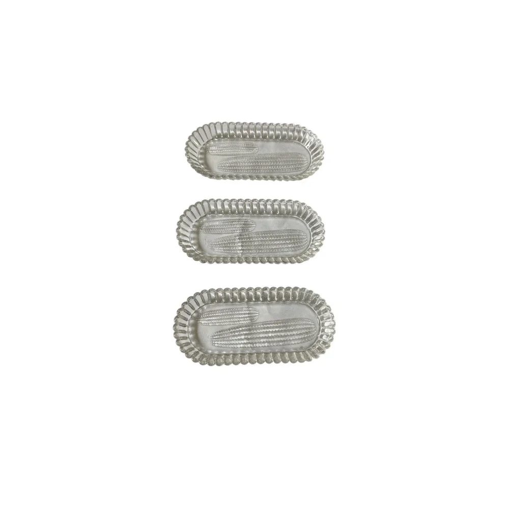 Vintage Pressed Glass Corn on the Cob Trays‎ Set of 3 Clear Ribbed Edge Retro